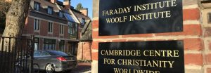 Gatepost showing signs for the Faraday Institute and CCCW